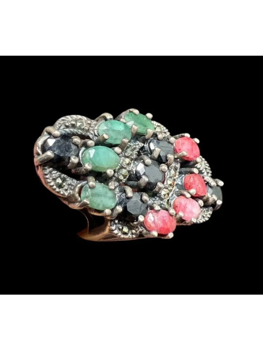 Vintage 925 Art Deco Marcasite Ring Multi Gemstone Ruby Emerald Sapphire